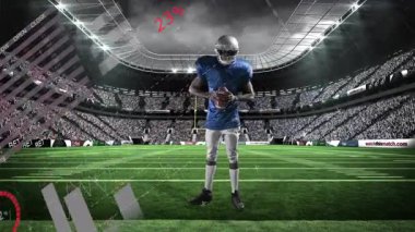 Futbolcu orta sahaya doğru yürüyor, performans analizleri için turta grafikleri ve göstergeler gösteriyor. Sporcu, analitik, spor, bilgi grafikleri, teknoloji, rekabet, dayanıklılık