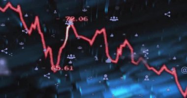 3D ızgara üzerinde kırmızı çizgi çizelgesi başlatılıyor. Dalgalanmalar görünüyor. İkonalar kayboluyor. Analizler, görselleştirme, gösterge paneli, veri, dijital, model, teknoloji