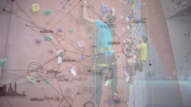 Tırmanış partnerleri halatları kesiyor ve fitness tırmanışına başlıyor, animasyon ağ şemaları oluşturuyor. Macera, takım çalışması, fitness, mücadele, aktivite, kararlılık, modern