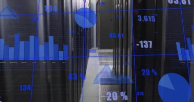 Mavi veriler güncelleme ve görselleştirme eğilimlerini üst üste koyarken, sunucu koridoru görünümü açılıyor ve gelişiyor. Teknoloji, veri görselleştirme, dijital analitik, biyometrik, geleceksel, ağ, otomasyon