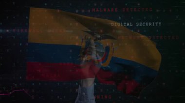 İkili düşüş, Ekvador bayrağını kaldıran el sıkışması, yanıp sönen uyarılar, yükselen tehdit artışı gösteren grafikler. Dijital, güvenlik, siber, veri, koruma, teknoloji, uyarı