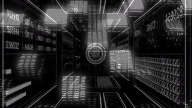 Veri akışını güncelleyen ve görselleştiren paneller ileri doğru hareket etmeye başlarken karanlık veri tüneli açılıyor. Fütürist, dijital, teknoloji, veri, siber, sanal, soyut