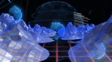 Kablo dağlarına yayılan şebeke küre oluşumuna, kaydırma koduna ve dalgalanan su birikintilerine neden oluyor. Fütürist, dijital, dolambaçlı, soyut, siber, teknoloji, yenilik