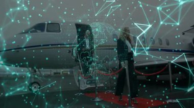 İş ikilisi jetten çıkıyor ve VIP 'lerin gelişi için kırmızı halının üstüne çıkıyor. Lüks, şirket, seyahat, profesyonellik, ulaşım, ağ oluşturma, modern