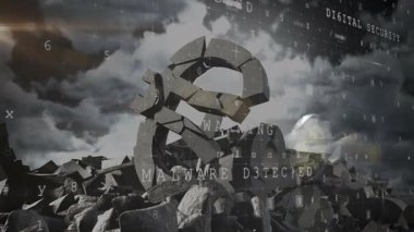 Dijital yağmur, kötü amaçlı yazılım uyarıları, Avro heykelini aydınlatan tarama, siber tehdit gösteriyor. Siber güvenlik, sayısallaştırma, bozulma, teknoloji, uyarı, tehlike, yenilik