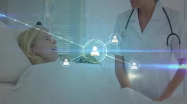 Başlamak, hasta yalan söylemek, hemşire gözlemlemek, tıbbi ikonların ortaya çıkması, hasta hemşire arasında çizgiler örmek. Sağlık, hasta, profesyonel, dijital, teletıp, bağlantı, analiz