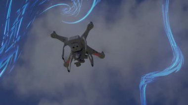 Drone giriyor, yükselen akarsular, süzülen LED 'ler, dengeyi gösteriyor. Gelecekçi, teknoloji, yenilik, havacılık, hareket, dinamik, sibernetik