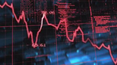 3D ızgara açılıyor kırmızı çizgi dibe vuruyor gerçek zamanlı verileri gösteren etiketleri kaydırırken yükseliyor. Teknoloji, yenilik, veri, analitik, fütüristik, dijital, grafik