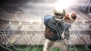 Mavi oyuncu sahada futbol topunu yakalıyor, kırmızı defans ise soyut kaplamalarla saldırıyor. Atletizm, rekabet, spor, hareket, adrenalin, takım çalışması, açık hava