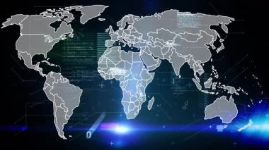 Sağ kenara giren ışın dünya haritasını süpürüyor sınırları aydınlatıyor ve veri ağını haritalıyor. Teknoloji, veri, dijital, yenilik, fütürizm, görselleştirme, bağlantı