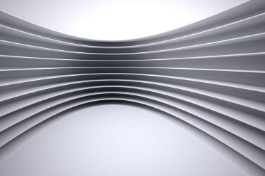 Katmanlı paneller ve kemerli zemin ve şeffaf arkaplan içeren soyut kıvrımlı tünel gösteriliyor. Fütürist, minimalist, geometri, modern, mimari, iç, soyut