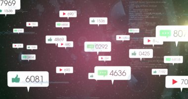 Karanlık panelde görünen yüzen simgeler, baş parmakları gösteren, sohbet baloncukları, sayılı tuşlarla oynayan. Dijital, teknoloji, veri, analiz, arayüz, fütüristik, görsel