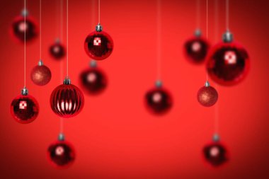 Şenlikli 3D render, kırmızı gradyan üzerinde sarkık parlak, parlak, tırtıklı kırmızı takılar tasvir eder. Tatil, dekorasyon, kutlama, ışıltı, zarafet, sıcaklık.