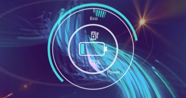 Ekranda% 13 şarj Eko veya Power etiketlerini gösteren pil göstergesi ve halkalar gösteriliyor. Teknoloji, yenilik, dijital, geleceksel, enerji, mobil, arayüz