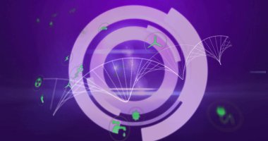 Yüzük segmentleriyle dönen mor küre, dijital arayüzde dalga biçimleri, yeşil simgeler gösteriliyor. Teknoloji, yenilik, dijital, geleceksel, arayüz, veri, hareket