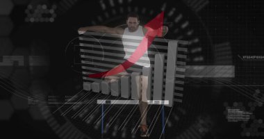 Atlet, yukarı doğru kırmızı ok görüntüsüyle çubuk üzerinde performans sergiliyor. Başarı, büyüme, ilerleme, başarı, iş, rekabet