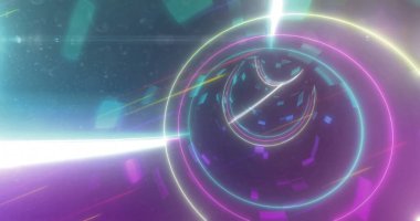 Neon halkaları, sanal uzayda ışık demetleri, parlayan kareler ve fişeklerle tünel oluşturuyor. Soyut, dijital, fütüristik, canlı, siber, yüksek teknoloji, hareket