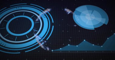 Holografik gösterge paneli kılavuz, pasta grafiği ve veri düğümleriyle ızgaranın üzerinde geziniyor. Gelecekçi, yenilikçi, teknoloji, görselleştirme, arayüz, analiz, siber