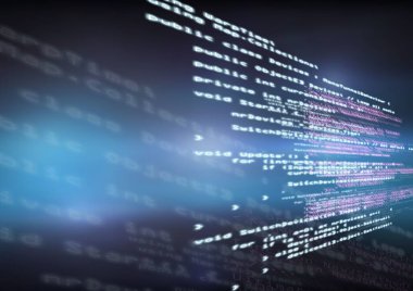 Yüzen programlama kod kümesi düz dizaynda koyu mavi renge doğru çekiliyor. Dijital, teknoloji, soyutlama, fütüristik, yenilik, yazılım, veri
