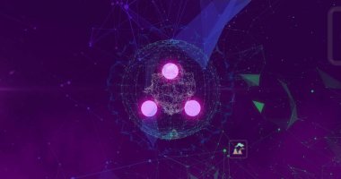 Sanal uzayda parlayan eflatun diskler ile merkezi ağ küreleri oluşturuluyor, ağ düğümleri de dahil. Fütürist, soyut, dijital, geometrik, neon, yenilik, teknoloji