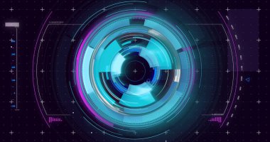 Ekranda dairesel HUD grafiği gösteriliyor, halkalar, Crosshair reticles ve alfanumeric okumalar. Gelecek, teknoloji, arayüz, dijital, yüksek teknoloji, görselleştirme, siber