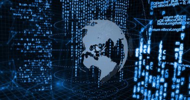 İkili kodlu ve programlama dili elementli dijital dünya görüntüsü. Teknoloji, sanal, veri, kodlama, ağ, fütüristik