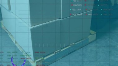 Dışarıdan çekilen kamera, finansal örtüşme grafiklerine ve pazar verilerine palet kutuları üzerinden neden oluyor. Lojistik, tedarik zinciri, veri görselleştirme, endüstriyel, teknoloji, analitik, depo