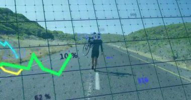 Bisikletçinin bisiklet kaldırması, teknik demoda yürürken ızgara çizgisi çizelgelerine neden oluyor. Veri görselleştirme, performans analizi, açık hava aktivitesi, dijital arayüz, engebeli arazi, yenilik, atletizm