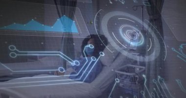 Patient reclining in bed getting holographic chart and circular interface triggered by sensor input. Medical, technology, futuristic, healthcare, monitoring, innovation, clinical