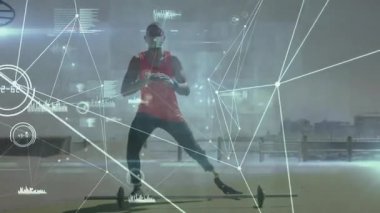 Yetişkin bir adam iskele kirişine basıyor ve protezi dengede tutarak dengeyi sağlıyor. Adaptasyon, yenilik, ilerleme, fitness, biyomekanik, esneklik, teknoloji