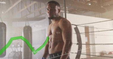 Boksör hareketli fitness grafiğine tepki veriyor. Gardını yükselterek ve duruşunu düzelterek. Sporcu, antrenman, kararlılık, güç, dayanıklılık, performans, fitness