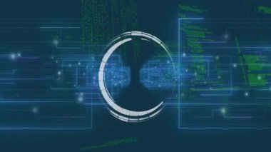 Kümelere kadar uzanan yeşil kod ve akarsular arasında bölünmüş beyaz çember merkezde maddeleşiyor. Teknoloji, veri, dijital, yenilik, siber, ağ, fütürist