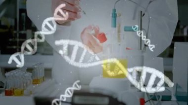 Başlangıçta bilim adamı kırmızı başlıklı şişeye uzanıyor, çözeltiyi çiziyor, analiz için sensörü bağlıyor. Laboratuvar, analiz, araştırma, kesinlik, enstrümantasyon, bilimsel, deney