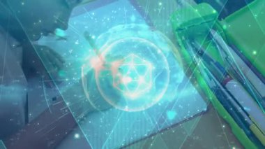 Not defterinin üzerinde holografik dünya şekillenirken öğrenci kız kalem alıp çizim yapıyor. Fantezi, yenilik, teknoloji, eğitim, yaratıcılık, çağdaş, hayal gücü