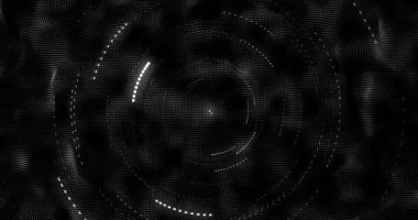 Parlak noktalar beliriyor, dönen halkalara sürükleniyor parçalanmış halkalar, görselleştirilmiş veri akışı. Fütürist, soyut, dijital, aydınlık, holografik, hareket, teknoloji