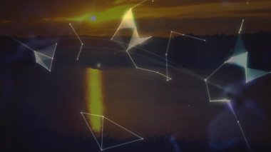 Güneş banyosu kıvılcım saçan şekiller denizin üzerinde sürükleniyor dönen dünyayı şekillendiren bir ağ oluşturuyor. Yenilik, teknoloji, bağlantı, fütürizm, dijital, ufuk, soyut