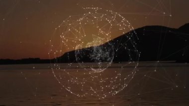 Gün batımı gölünde kürek çeken kano kürekçisi gibi genişleyen parlayan noktalar üzerinde. Fütürist, sükunet, dinginlik, yenilik, görselleştirme, rakam, huzur