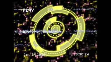 16: 30 'da, 24 Ocak 1993' te, VHS tarzında sürüklenen zaman etiketi ile dönen sarı daire UI. Fütürist, soyut, hareket, dijital, vintage, teknoloji, veri