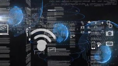 Simgeler görselleştirici veriler oluştururken karanlık UI dönen küreler ve kaydırma kodlarıyla ortaya çıkıyor. Teknoloji, dijital, fütüristik, veri görselleştirme, ağ, yenilik, siber