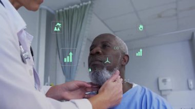 Doktor hastanın boynunu elliyor ve tiroid sağlığını gösteren animasyon medikal ölçümleri başlatıyor. Tıbbi, sağlık, tanı, dijital, teknoloji, analiz, klinik