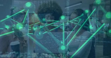 IT team reviewing laptop code, initiating green overlay and analyzing streams for problem solving. Collaboration, teamwork, digital, network, data, analysis, innovation