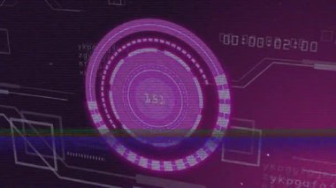 Başlangıçta, sistem verilerini görüntülemek için sayısal okuma güncellemesi yapılırken, titreşen mor HUD halkası. Fütürist, sürükleyici, teknolojik, dijital, arayüz, dinamik, soyut