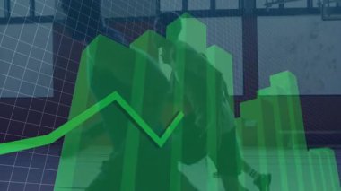 Oyuncular sahada 3D bar grafiğiyle yükseliyor ve koşuyor. Çizgi grafiği spor analitiğini gösteriyor. Atletizm, takım çalışması, performans, eğitim, veri görselleştirme, fitness, hareket