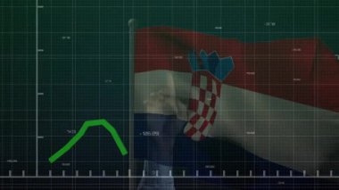 Yeşil trend çizgisi görünüp dalgalanırken, Hırvat bayrağı ızgaranın üzerinde sallanıyor ve strateji gösteriyor. Veri, analiz, görselleştirme, dijital, iş, finans, ilerleme