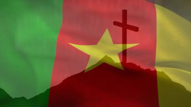 Kamerun ulusal bayrağı dağ sırasının tepesinde dalgalanan simülasyon meltemi ile kaplanıyor. Vatanseverlik, milliyetçilik, dijital sanat, hareket grafikleri, kültürel sembolizm, inanç, istikrar