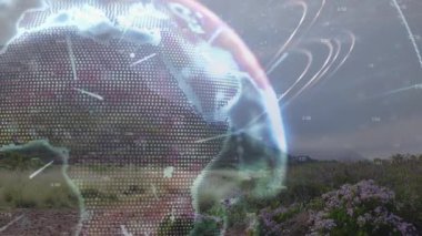 Holografik küre görüntüde kayboluyor, noktalı şebeke veri akışını görselleştiren ağ ışınları gönderiyor. Soyut, geleceksel, bağlantı, teknoloji, veri, görselleştirme, dijital