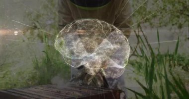 AI beyin teknolojisi arı kovanını alet ve sigara içici ile incelerken arı kovanında şekil değiştiriyor. Gelecekçi, yenilikçi, organik, doğal, araştırma, doğa, teknoloji