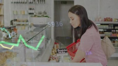 Sepet taraması yapan bir kadın. Animasyon grafikleri. Sepete yerleştirilen konteynırları seçiyor. Perakende, alışveriş, tüketici, pazar, beslenme, sağlık, taze