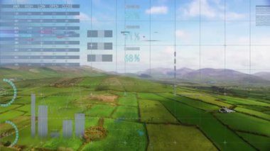 Bir saniyelik başlangıç finansmanı tarla ölçümlerinde piyasa görüşü için yükselen grafikler. Tarım, veri görselleştirme, kırsal arazi, finansal analizler, çevre dostu, teknoloji, ilerleme