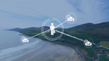 Evrak çantası şekli kıyı manzarasında beliriyor çizgileri bulut simgelerine genişletiyor ve ağı gösteriyor. Açık hava, manzara, bağlantı, teknoloji, yenilik, işbirliği, soyut